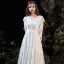 Affordable White Lace Outdoor / Garden Wedding Dresses 2020 Empire V-Neck Long Sleeve Floor-Length / Long