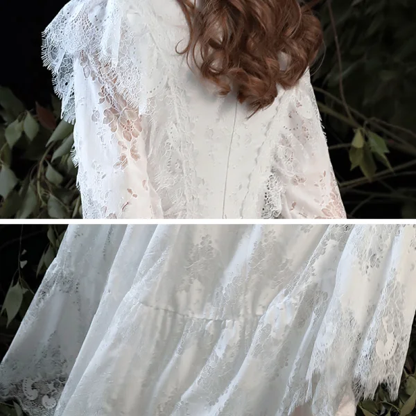 Affordable White Lace Outdoor / Garden Wedding Dresses 2020 Empire V-Neck Long Sleeve Floor-Length / Long