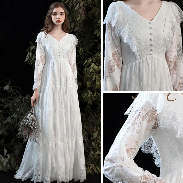 Affordable White Lace Outdoor / Garden Wedding Dresses 2020 Empire V-Neck Long Sleeve Floor-Length / Long