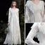 Affordable White Lace Outdoor / Garden Wedding Dresses 2020 Empire V-Neck Long Sleeve Floor-Length / Long