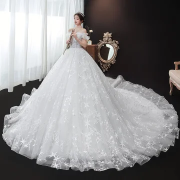Chic Beautiful White Bridal Wedding Dresses 2020 Ball Gown Off The Shoulder Short Sleeve Star Backless Appliques Lace Beading Cathedral Train Ruffle