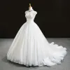 Luxury / Gorgeous White Bridal Wedding Dresses 2020 Ball Gown See-through High Neck Sleeveless Backless Handmade  Beading Glitter Tulle Chapel Train Ruffle