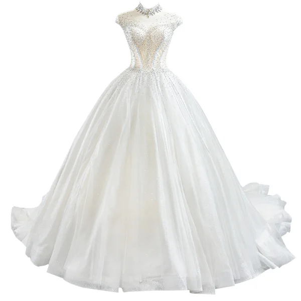 Luxus / Herrlich Weiß Hochzeits Brautkleider / Hochzeitskleider 2020 Ballkleid Durchsichtige Stehkragen Ärmellos Rückenfreies Handgefertigt Perlenstickerei Glanz Tülle Kapelle-Schleppe Rüschen