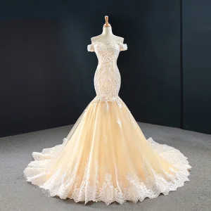 Luxus Herrlich Roter Teppich Champagner Abendkleider 2020 Meerjungfrau Off Shoulder Kurze Ärmel Applikationen Spitze Handgefertigt Perlenstickerei Hof Schleppe Rückenfreies Festliche Kleider