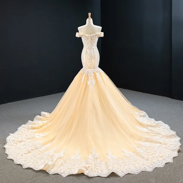 Luxury / Gorgeous Red Carpet Champagne Evening Dresses 2020 Trumpet / Mermaid Off-The-Shoulder Short Sleeve Appliques Lace Handmade Beading Court Train Backless Formal Dresses