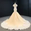Luxury / Gorgeous Red Carpet Champagne Evening Dresses  2020 Trumpet / Mermaid Off-The-Shoulder Short Sleeve Appliques Lace Handmade  Beading Court Train Backless Formal Dresses