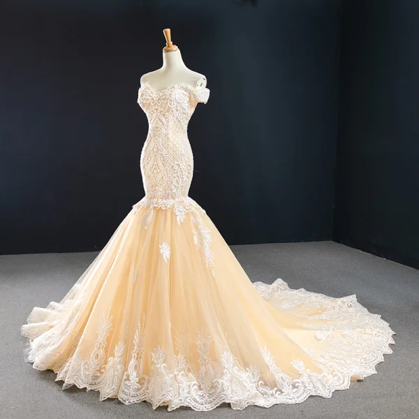 Luxury / Gorgeous Red Carpet Champagne Evening Dresses 2020 Trumpet / Mermaid Off-The-Shoulder Short Sleeve Appliques Lace Handmade Beading Court Train Backless Formal Dresses