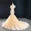 Luxury / Gorgeous Red Carpet Champagne Evening Dresses  2020 Trumpet / Mermaid Off-The-Shoulder Short Sleeve Appliques Lace Handmade  Beading Court Train Backless Formal Dresses
