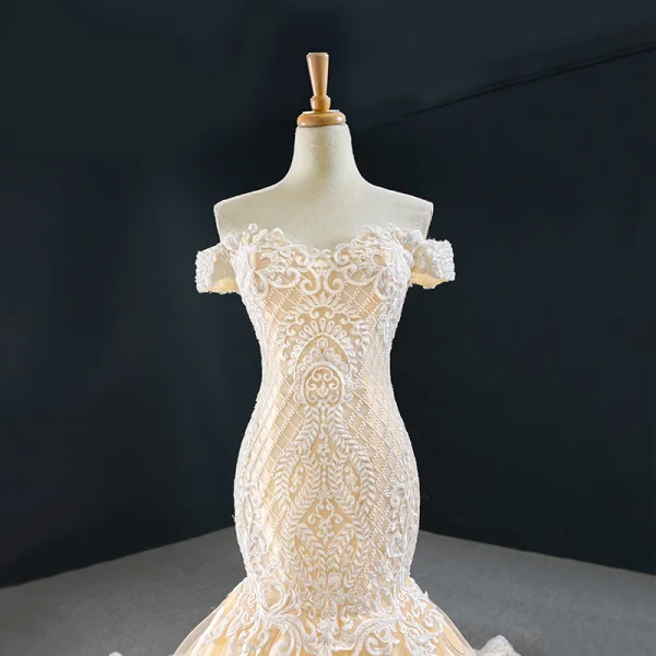 Luxury / Gorgeous Red Carpet Champagne Evening Dresses 2020 Trumpet / Mermaid Off-The-Shoulder Short Sleeve Appliques Lace Handmade Beading Court Train Backless Formal Dresses