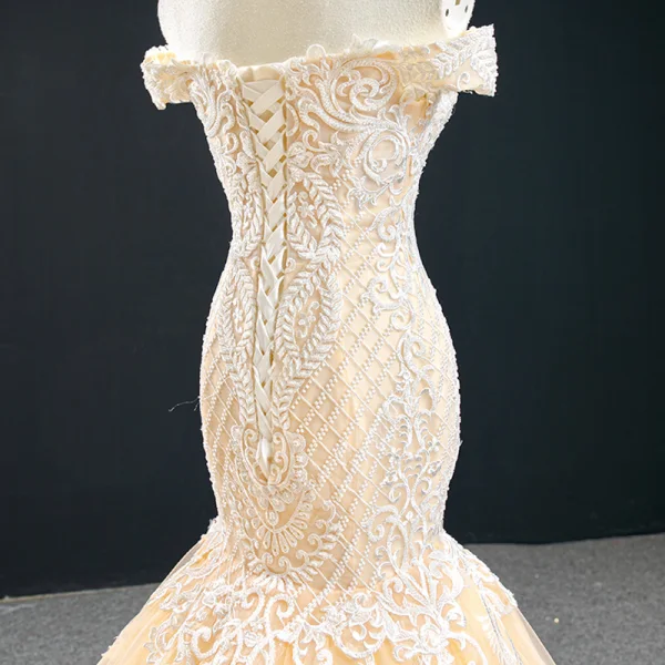 Luxury / Gorgeous Red Carpet Champagne Evening Dresses 2020 Trumpet / Mermaid Off-The-Shoulder Short Sleeve Appliques Lace Handmade Beading Court Train Backless Formal Dresses