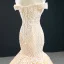 Luxury / Gorgeous Red Carpet Champagne Evening Dresses  2020 Trumpet / Mermaid Off-The-Shoulder Short Sleeve Appliques Lace Handmade  Beading Court Train Backless Formal Dresses
