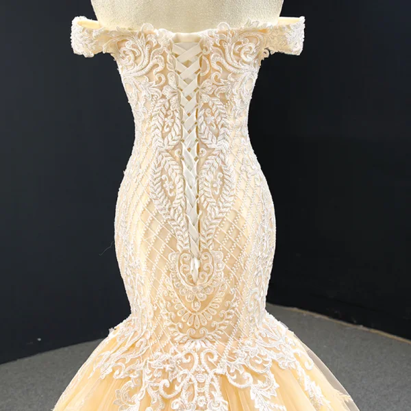 Luxury / Gorgeous Red Carpet Champagne Evening Dresses 2020 Trumpet / Mermaid Off-The-Shoulder Short Sleeve Appliques Lace Handmade Beading Court Train Backless Formal Dresses
