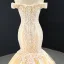 Luxury / Gorgeous Red Carpet Champagne Evening Dresses  2020 Trumpet / Mermaid Off-The-Shoulder Short Sleeve Appliques Lace Handmade  Beading Court Train Backless Formal Dresses