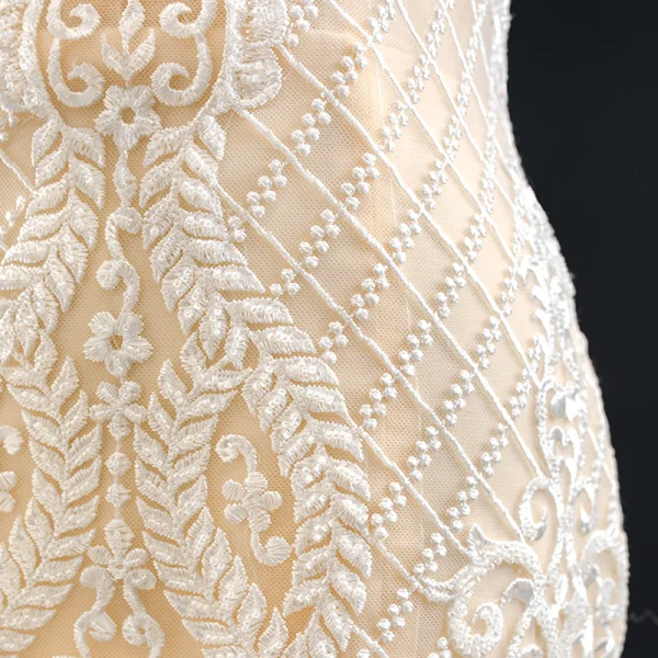 Luxury / Gorgeous Red Carpet Champagne Evening Dresses 2020 Trumpet / Mermaid Off-The-Shoulder Short Sleeve Appliques Lace Handmade Beading Court Train Backless Formal Dresses