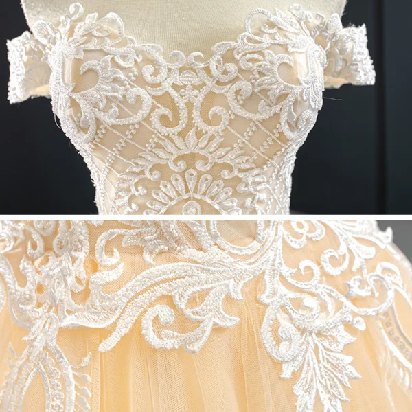 Luxury / Gorgeous Red Carpet Champagne Evening Dresses 2020 Trumpet / Mermaid Off-The-Shoulder Short Sleeve Appliques Lace Handmade Beading Court Train Backless Formal Dresses
