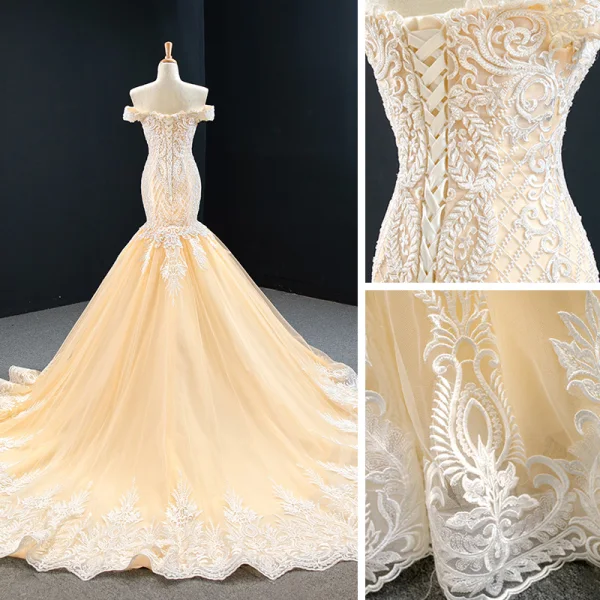 Luxury / Gorgeous Red Carpet Champagne Evening Dresses 2020 Trumpet / Mermaid Off-The-Shoulder Short Sleeve Appliques Lace Handmade Beading Court Train Backless Formal Dresses