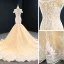Luxury / Gorgeous Red Carpet Champagne Evening Dresses  2020 Trumpet / Mermaid Off-The-Shoulder Short Sleeve Appliques Lace Handmade  Beading Court Train Backless Formal Dresses