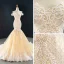 Luxury / Gorgeous Red Carpet Champagne Evening Dresses  2020 Trumpet / Mermaid Off-The-Shoulder Short Sleeve Appliques Lace Handmade  Beading Court Train Backless Formal Dresses