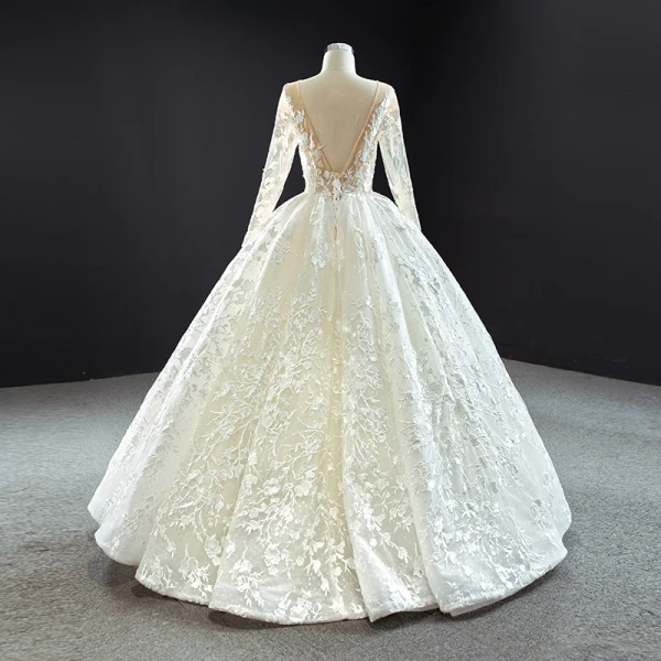 Best Ivory Outdoor / Garden Wedding Dresses 2020 Ball Gown See-through Scoop Neck Long Sleeve Backless Appliques Lace Floor-Length / Long Ruffle