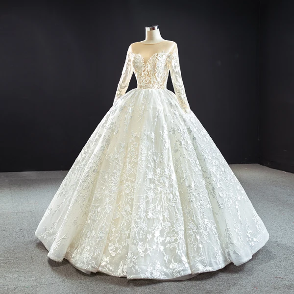 Best Ivory Outdoor / Garden Wedding Dresses 2020 Ball Gown See-through Scoop Neck Long Sleeve Backless Appliques Lace Floor-Length / Long Ruffle