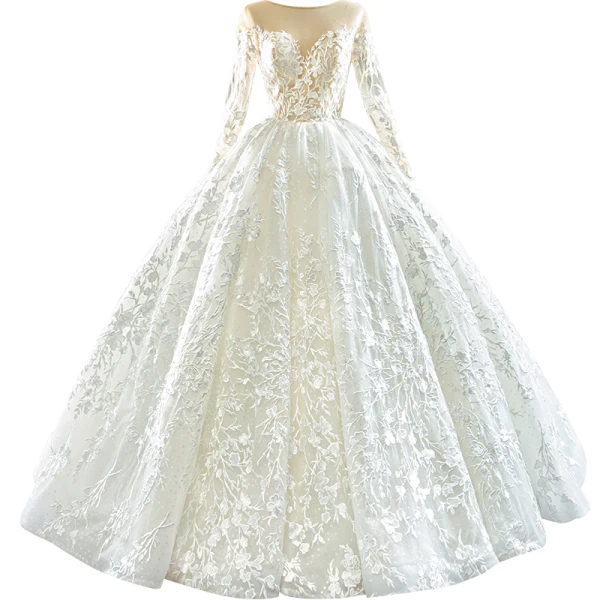 Best Ivory Outdoor / Garden Wedding Dresses 2020 Ball Gown See-through Scoop Neck Long Sleeve Backless Appliques Lace Floor-Length / Long Ruffle