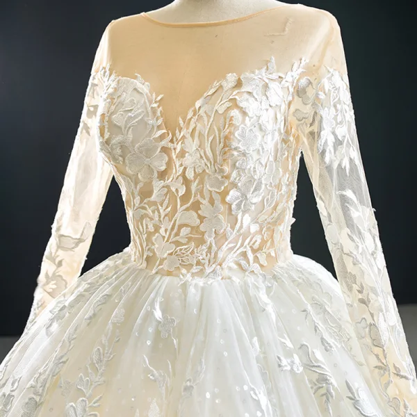 Best Ivory Outdoor / Garden Wedding Dresses 2020 Ball Gown See-through Scoop Neck Long Sleeve Backless Appliques Lace Floor-Length / Long Ruffle