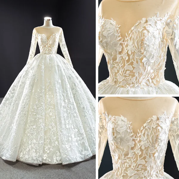 Best Ivory Outdoor / Garden Wedding Dresses 2020 Ball Gown See-through Scoop Neck Long Sleeve Backless Appliques Lace Floor-Length / Long Ruffle