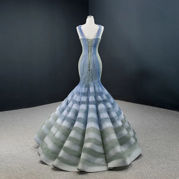Fabulous Ocean Blue Sage Green Red Carpet Evening Dresses  2020 Trumpet / Mermaid See-through Deep V-Neck Sleeveless Floor-Length / Long Ruffle Backless Formal Dresses