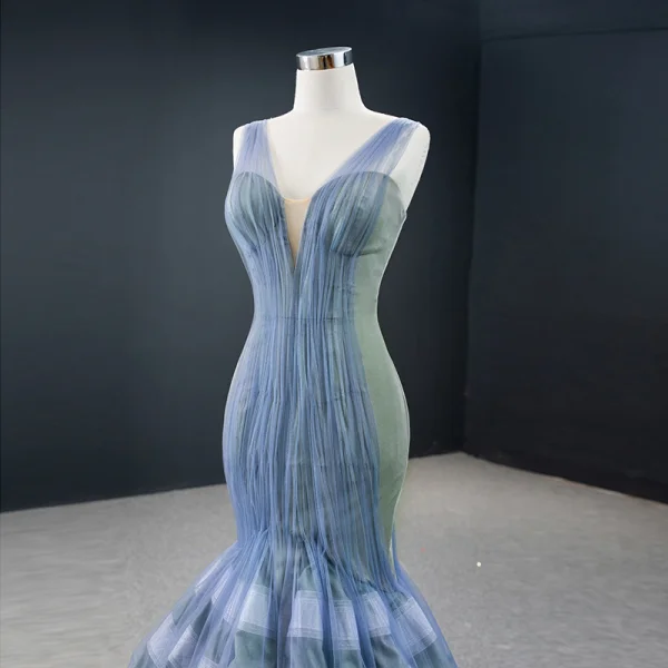 Fabulous Ocean Blue Sage Green Red Carpet Evening Dresses  2020 Trumpet / Mermaid See-through Deep V-Neck Sleeveless Floor-Length / Long Ruffle Backless Formal Dresses