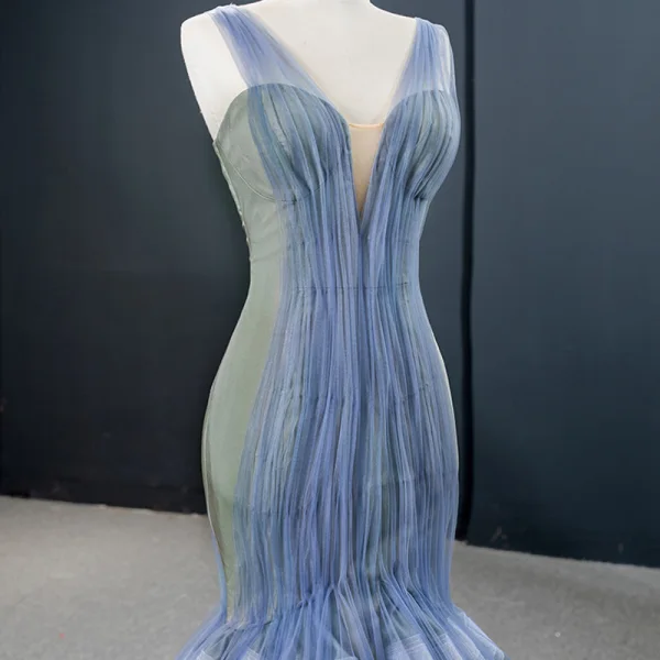 Fabulous Ocean Blue Sage Green Red Carpet Evening Dresses  2020 Trumpet / Mermaid See-through Deep V-Neck Sleeveless Floor-Length / Long Ruffle Backless Formal Dresses