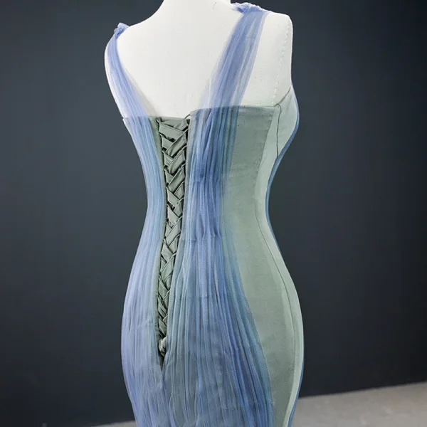Fabulous Ocean Blue Sage Green Red Carpet Evening Dresses  2020 Trumpet / Mermaid See-through Deep V-Neck Sleeveless Floor-Length / Long Ruffle Backless Formal Dresses