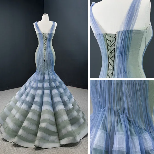 Fabulous Ocean Blue Sage Green Red Carpet Evening Dresses  2020 Trumpet / Mermaid See-through Deep V-Neck Sleeveless Floor-Length / Long Ruffle Backless Formal Dresses