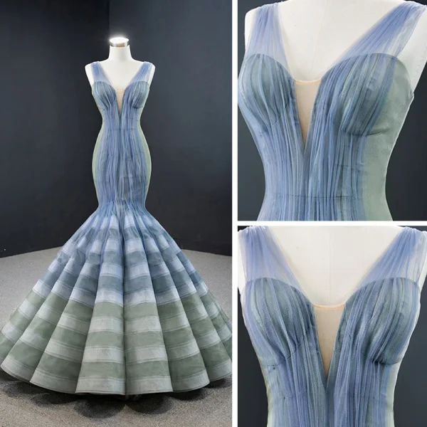 Fabulous Ocean Blue Sage Green Red Carpet Evening Dresses  2020 Trumpet / Mermaid See-through Deep V-Neck Sleeveless Floor-Length / Long Ruffle Backless Formal Dresses