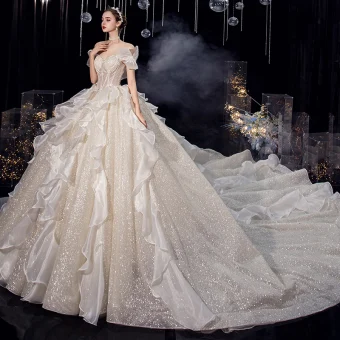 Charming Champagne Organza Bridal Wedding Dresses 2020 Ball Gown Off The Shoulder Short Sleeve Backless Glitter Tulle Cathedral Train Ruffle