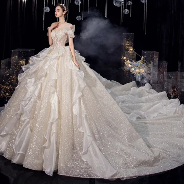 Charming Champagne Organza Bridal Wedding Dresses 2020 Ball Gown Off The Shoulder Short Sleeve Backless Glitter Tulle Cathedral Train Ruffle