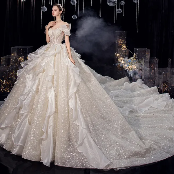 Charming Champagne Organza Bridal Wedding Dresses 2020 Ball Gown Off-The-Shoulder Short Sleeve Backless Glitter Tulle Cathedral Train Ruffle