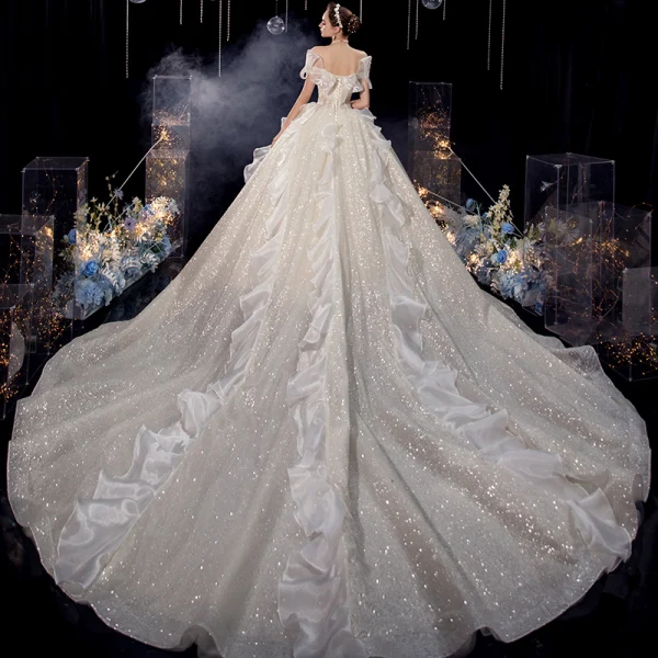 Charming Champagne Organza Bridal Wedding Dresses 2020 Ball Gown Off-The-Shoulder Short Sleeve Backless Glitter Tulle Cathedral Train Ruffle
