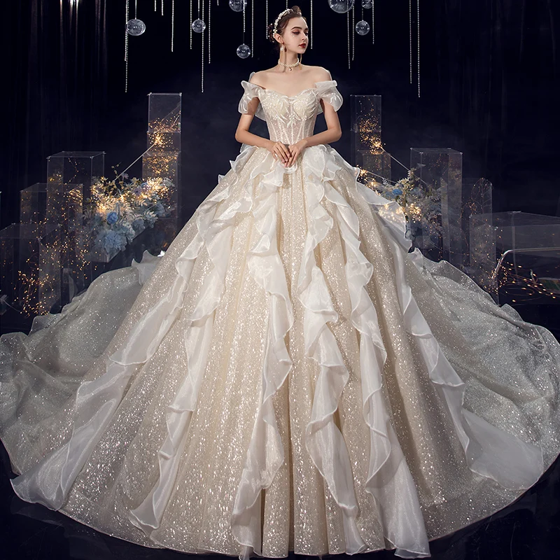 open lace back dress Unique Champagne Tulle Long Formal Dress Beaded Wedding Gowns cbd504   SELINADRESS
