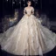 Charming Champagne Organza Bridal Wedding Dresses 2020 Ball Gown Off-The-Shoulder Short Sleeve Backless Glitter Tulle Cathedral Train Ruffle