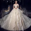 Charming Champagne Organza Bridal Wedding Dresses 2020 Ball Gown Off-The-Shoulder Short Sleeve Backless Glitter Tulle Cathedral Train Ruffle