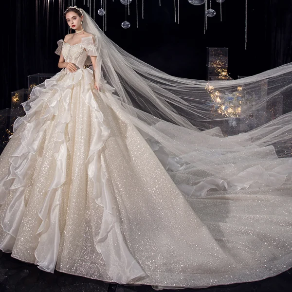 Charming Champagne Organza Bridal Wedding Dresses 2020 Ball Gown Off-The-Shoulder Short Sleeve Backless Glitter Tulle Cathedral Train Ruffle