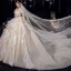 Charming Champagne Organza Bridal Wedding Dresses 2020 Ball Gown Off-The-Shoulder Short Sleeve Backless Glitter Tulle Cathedral Train Ruffle