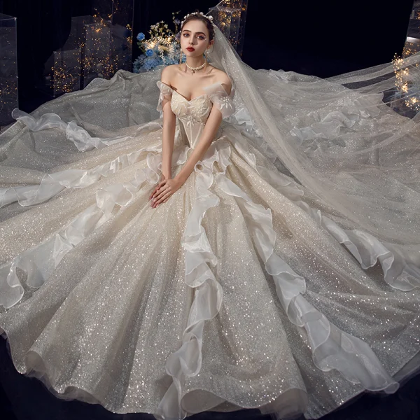 Charming Champagne Organza Bridal Wedding Dresses 2020 Ball Gown Off-The-Shoulder Short Sleeve Backless Glitter Tulle Cathedral Train Ruffle