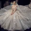 Charming Champagne Organza Bridal Wedding Dresses 2020 Ball Gown Off-The-Shoulder Short Sleeve Backless Glitter Tulle Cathedral Train Ruffle