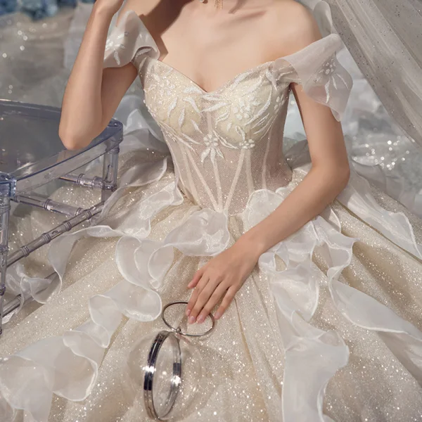 Charming Champagne Organza Bridal Wedding Dresses 2020 Ball Gown Off-The-Shoulder Short Sleeve Backless Glitter Tulle Cathedral Train Ruffle