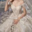 Charming Champagne Organza Bridal Wedding Dresses 2020 Ball Gown Off-The-Shoulder Short Sleeve Backless Glitter Tulle Cathedral Train Ruffle