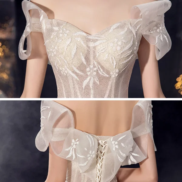 Charming Champagne Organza Bridal Wedding Dresses 2020 Ball Gown Off-The-Shoulder Short Sleeve Backless Glitter Tulle Cathedral Train Ruffle