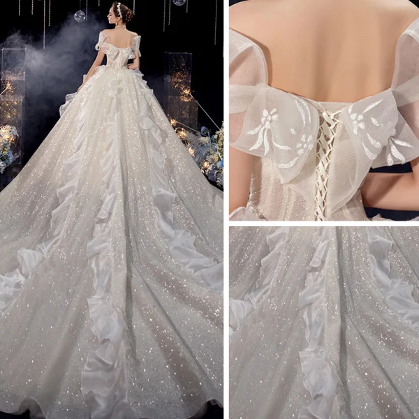 Charming Champagne Organza Bridal Wedding Dresses 2020 Ball Gown Off-The-Shoulder Short Sleeve Backless Glitter Tulle Cathedral Train Ruffle
