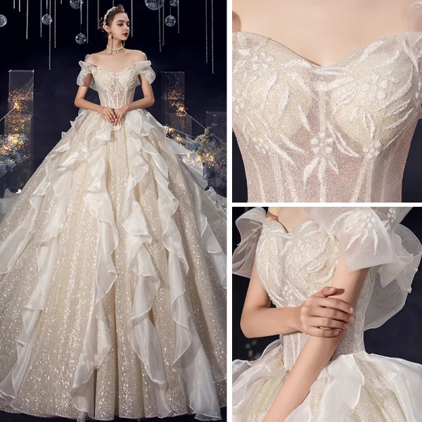 Charming Champagne Organza Bridal Wedding Dresses 2020 Ball Gown Off-The-Shoulder Short Sleeve Backless Glitter Tulle Cathedral Train Ruffle