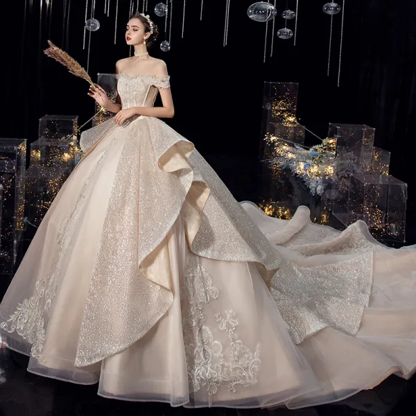 Luxury / Gorgeous Champagne Bridal Wedding Dresses 2020 Ball Gown Off-The-Shoulder Short Sleeve Backless Beading Appliques Sequins Glitter Tulle Cathedral Train Ruffle